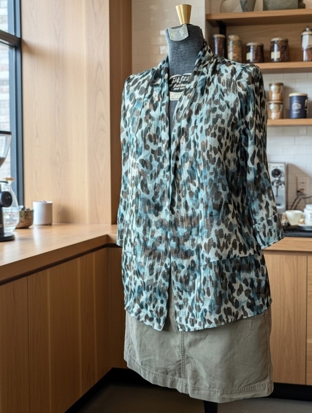 Chico's Vintage Y2K Animal Luster Sheer Open Front Jacket Misty Teal Size M/L
